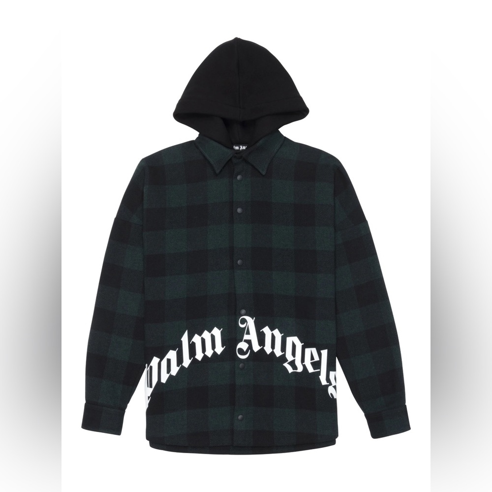 PALM ANGELS logo hooded over shirt in green